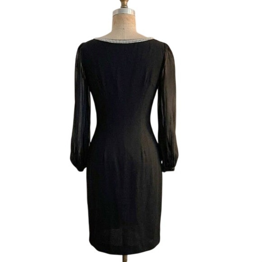 Vintage Black Rhinestone Trim Cocktail Dress Sheer Long Sleeve SMALL